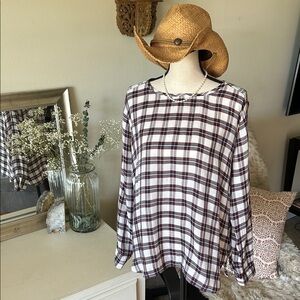 Ann Taylor loft white navy maroon plaid long sleeve boxy sheer blouse top M